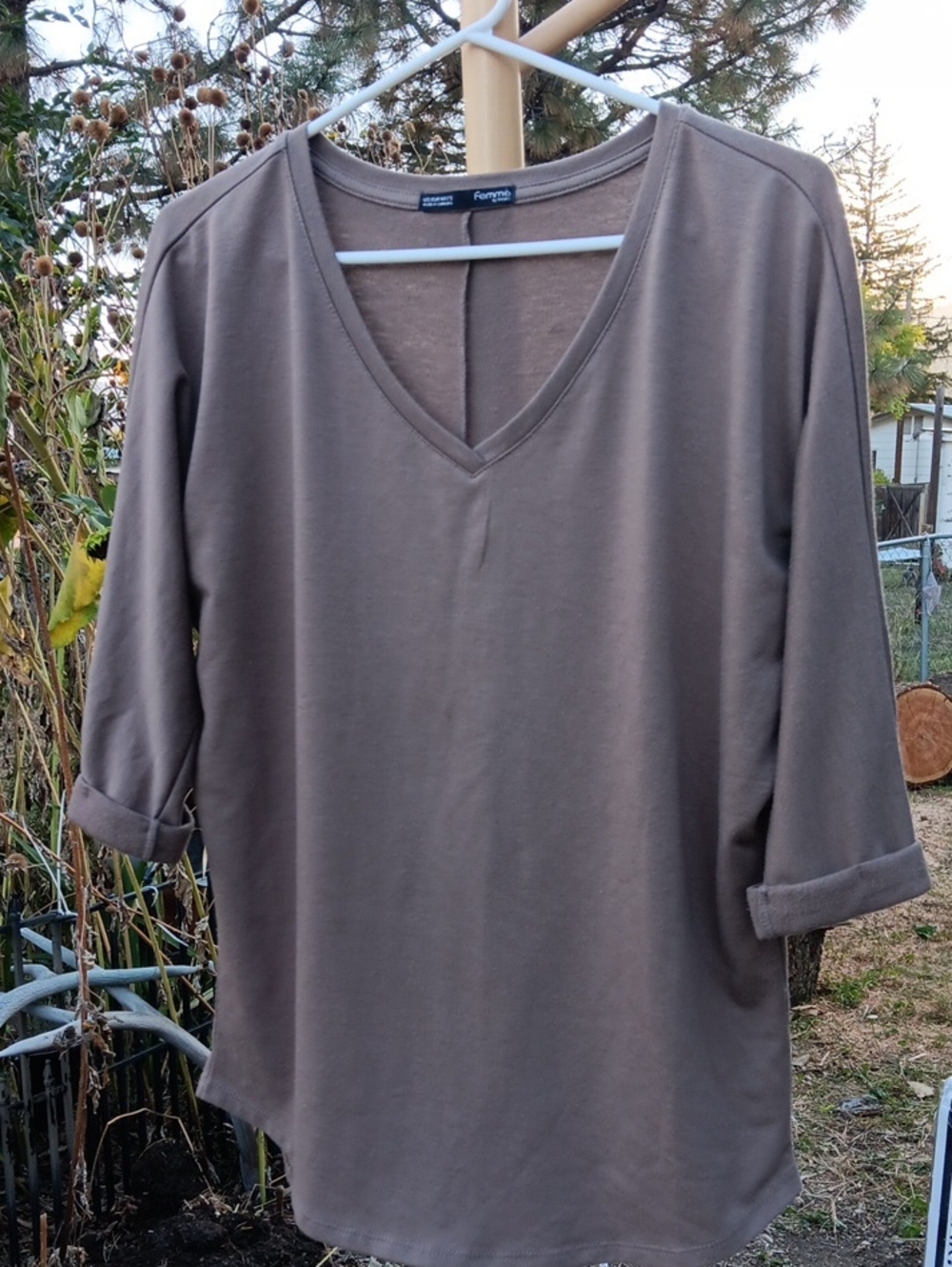 Fever Taupe V-Neck Roll-Tab Long Sleeve Top